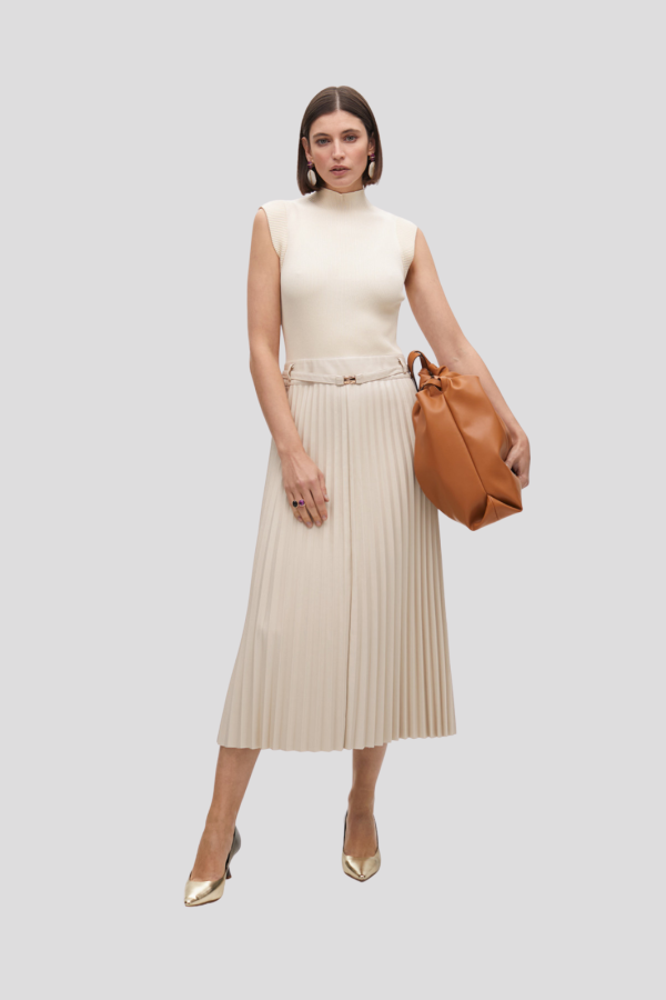 Sleeveless faux leather midi dress with pleated sk