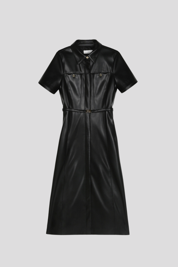 Faux leather flared dress with belt