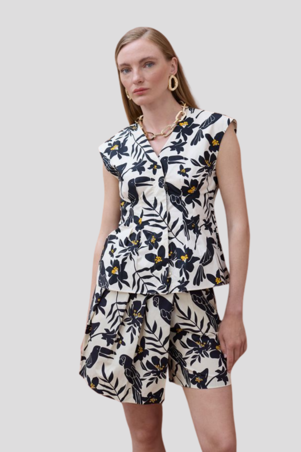 Parrot Leaf Print V-Neck Poplin Top