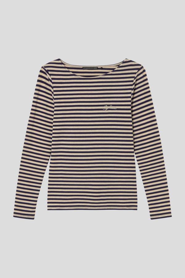 Long-sleeved boat neck t-shirt, striped fabric wit