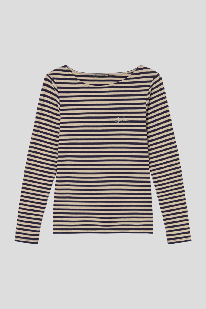 Long-sleeved boat neck t-shirt, striped fabric wit