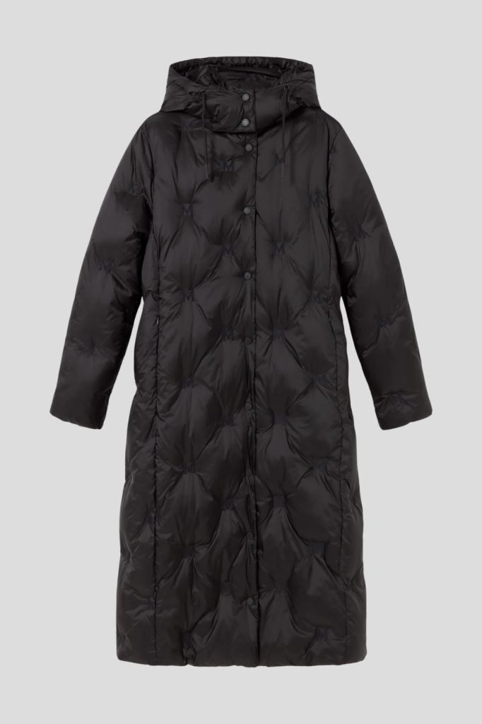 Long padded coat with embroidered m