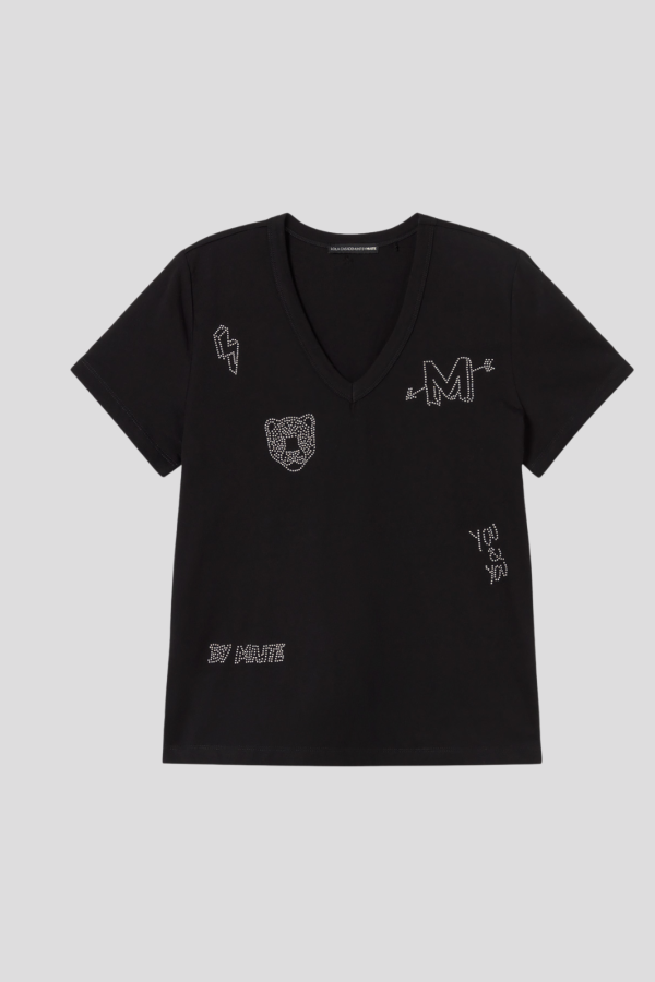 V-neck t-shirt with side slits, printed linen cott