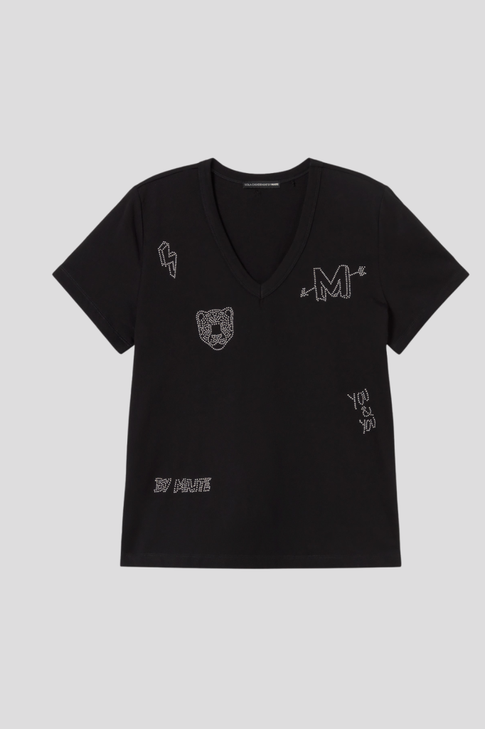 V-neck t-shirt with side slits, printed linen cott