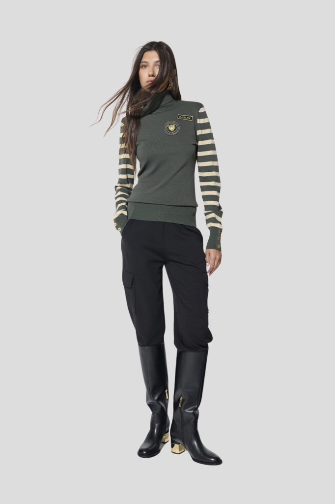 Military-style lurex striped sweater with patches