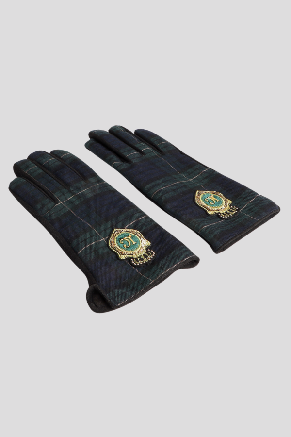 Tartan knit gloves with oval logo