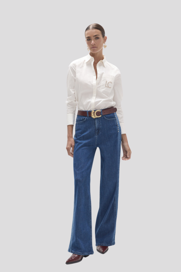 Straight Long Denim with Bicolor Side and Studs