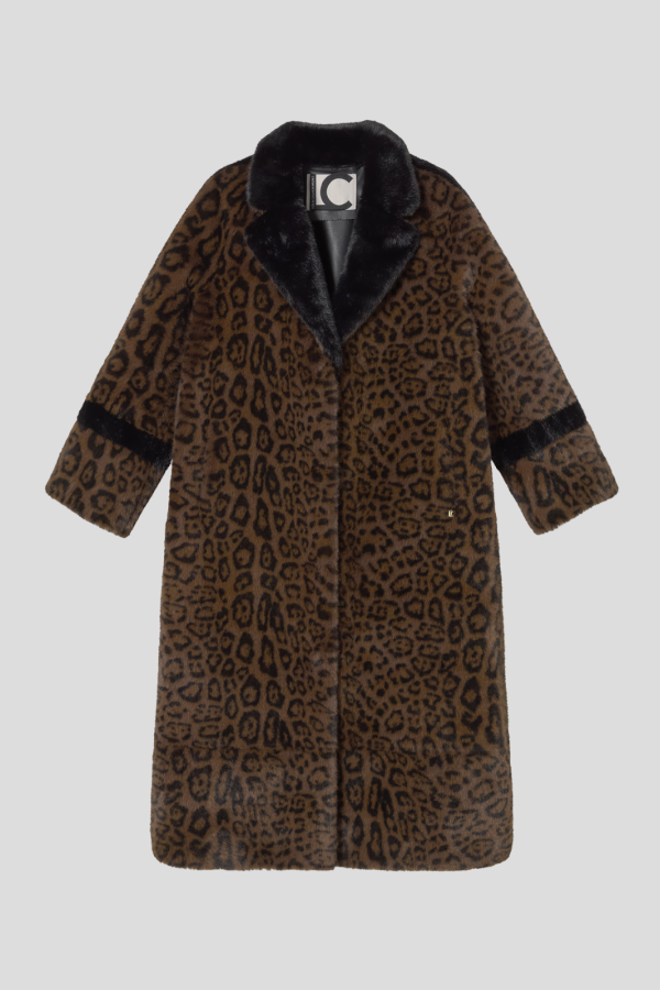 Long Leopard Print Faux Fur Coat