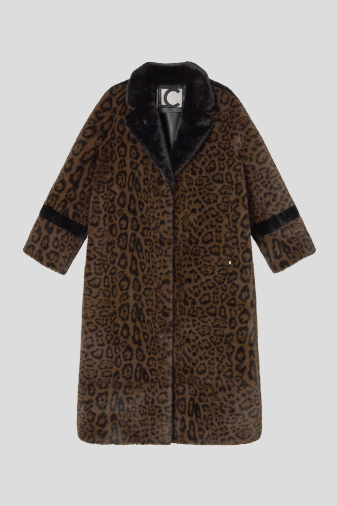 Long Leopard Print Faux Fur Coat