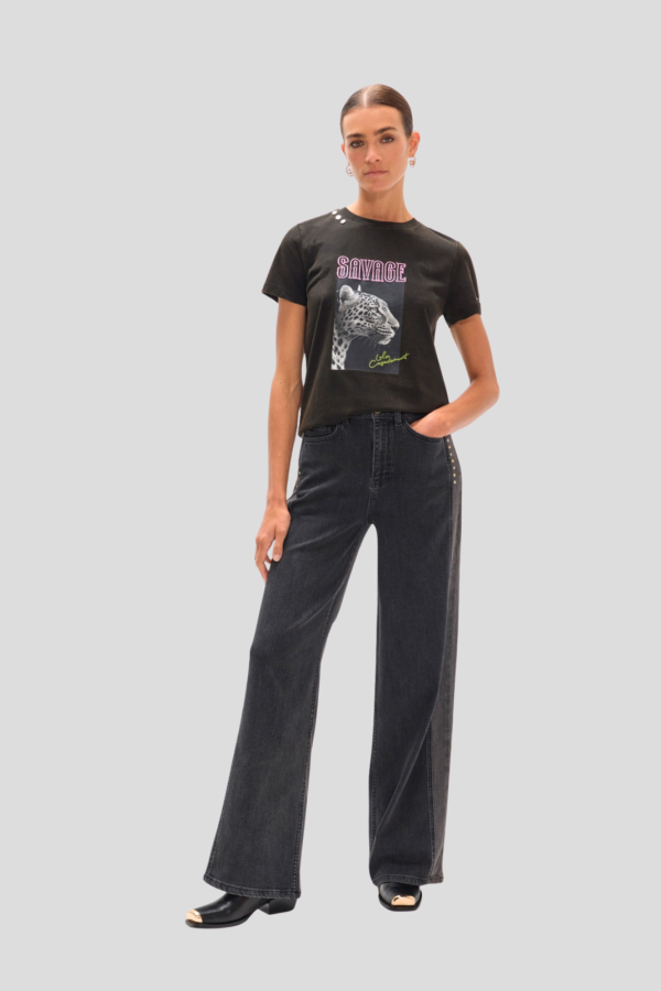 Straight Long Denim with Bicolor Side and Studs